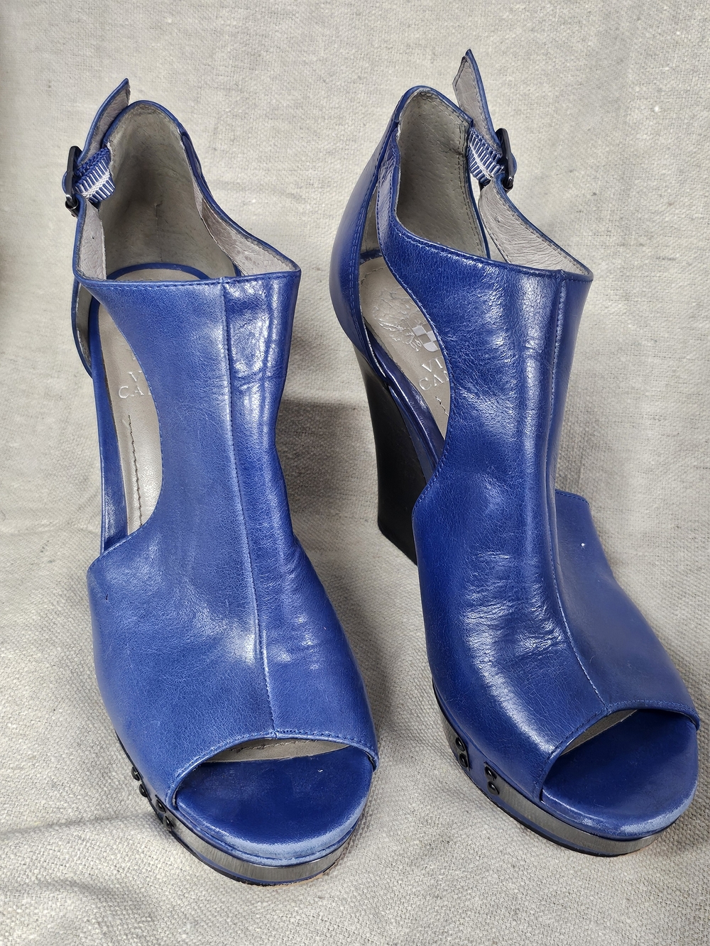Vince Camuto Royal Blue Leather Peep-Toe Wedge Sandals